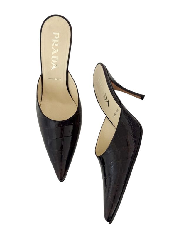 PRADA CROC EMBOSSED BROWN LEATHER MULES / IT 37