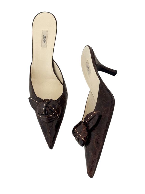 PRADA CROC EMBOSSED BROWN LEATHER MULES WITH ROSETTE / IT 38