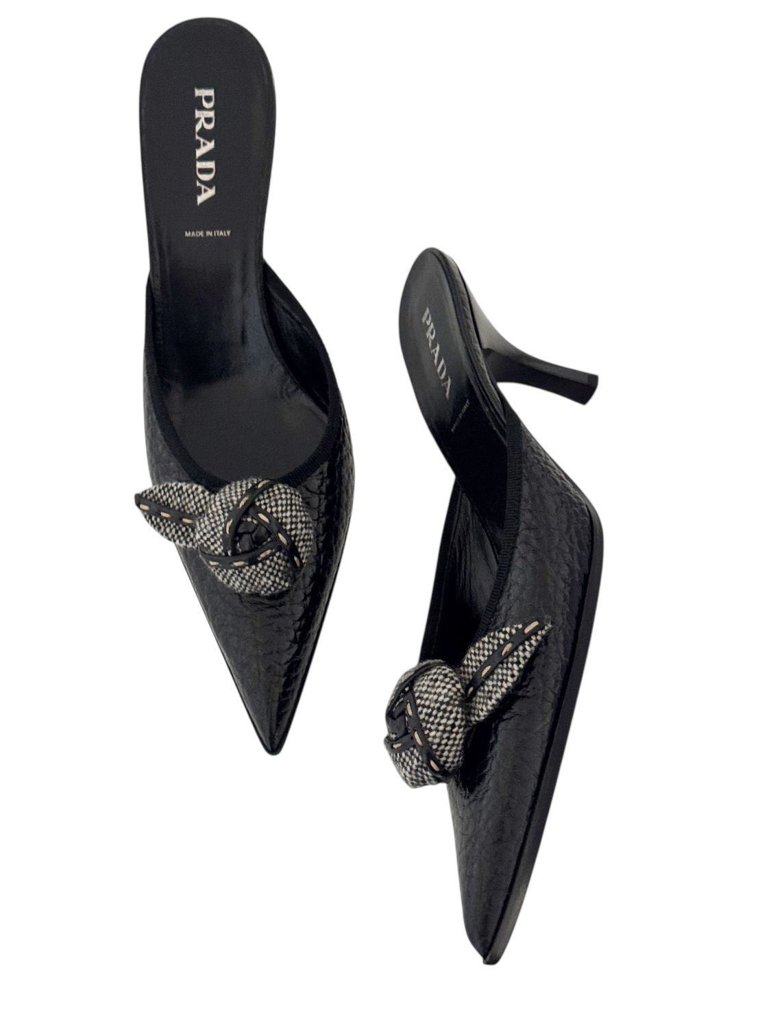 PRADA CROC EMBOSSED BLACK LEATHER MULES WITH TWEED ROSETTE / IT 39