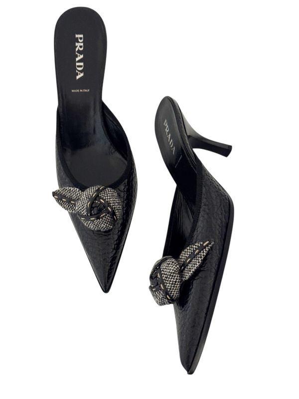 PRADA CROC EMBOSSED BLACK LEATHER MULES WITH TWEED ROSETTE / IT 39