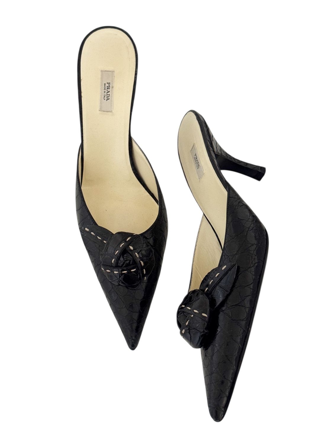 PRADA CROC EMBOSSED BLACK LEATHER MULES WITH ROSETTE / IT 39