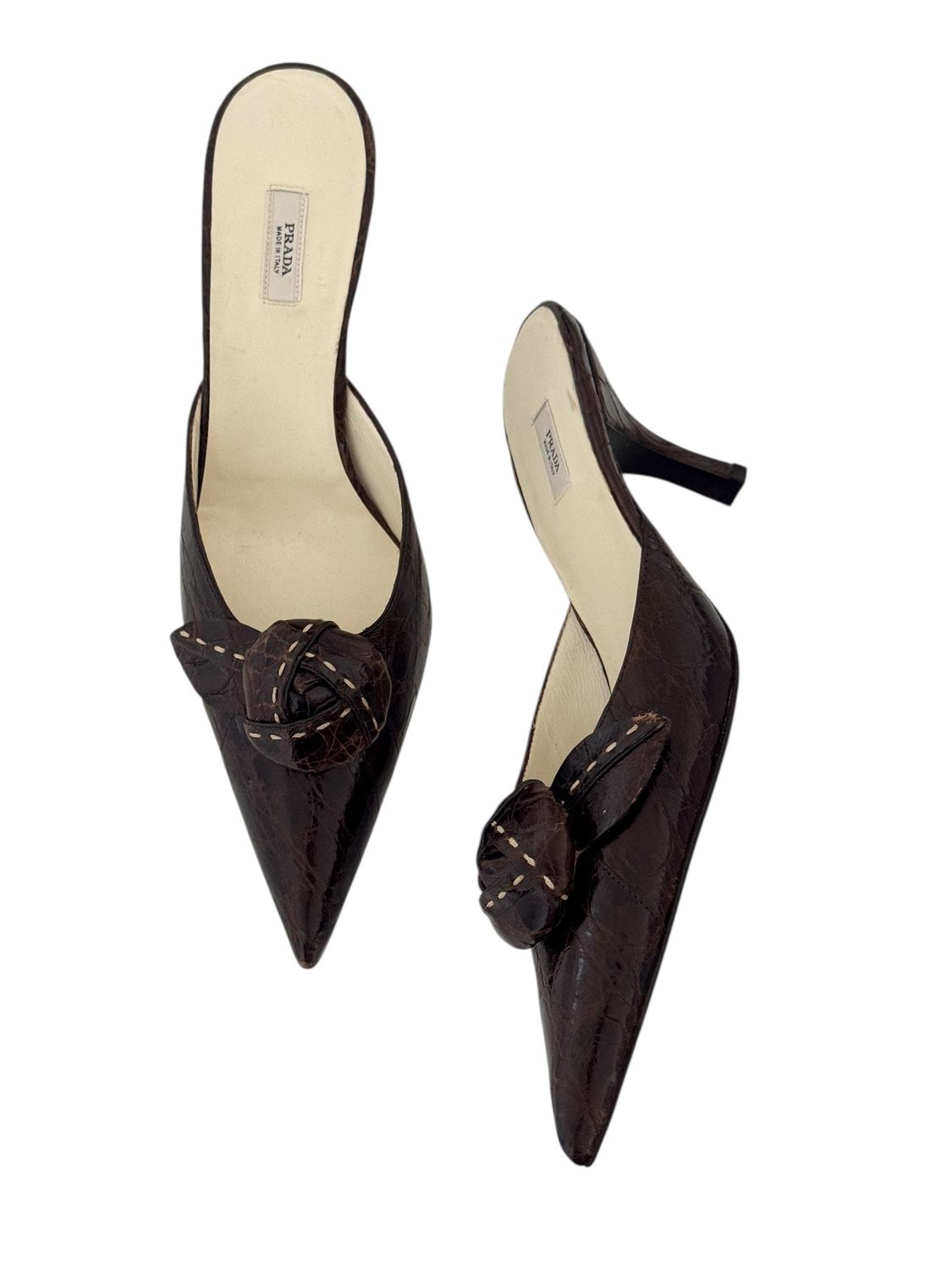 PRADA CROC EMBOSSED BROWN LEATHER MULES WITH ROSETTE / IT 37.5