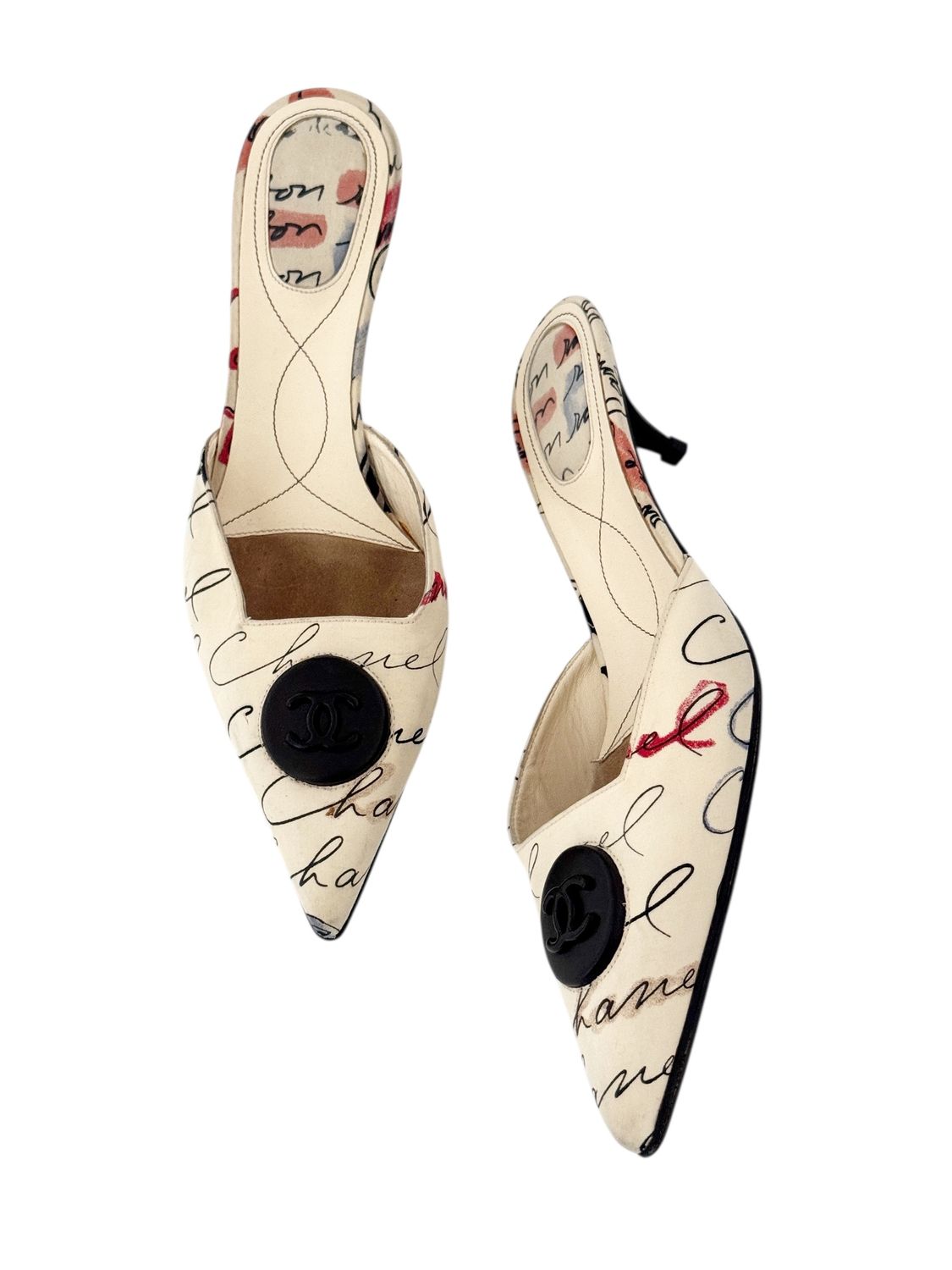 CHANEL VINTAGE CAMBON FABRIC CC PRINT MULES HEELS / IT 39.5