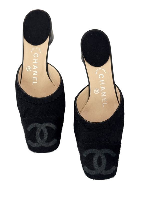 CHANEL VINTAGE CC PONY HAIR MULES HEELS / IT 36.5