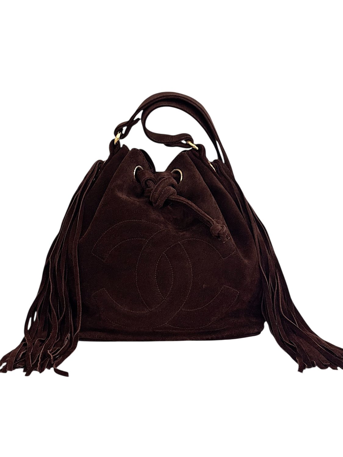 CHANEL VINTAGE CC BROWN SUEDE LEATHER DRAWSTRING BUCKET BAG W TASSELS