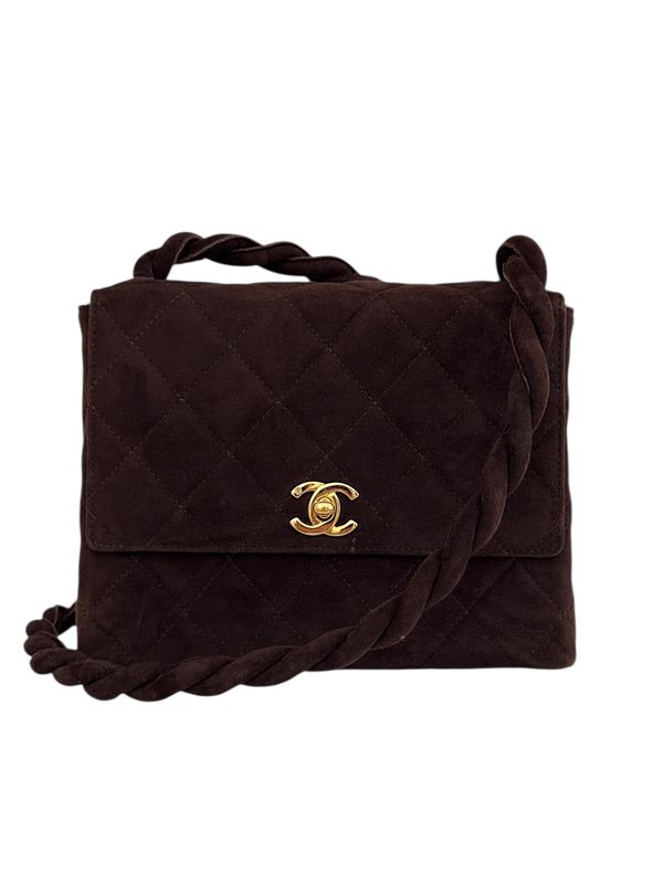 CHANEL VINTAGE BROWN SUEDE LEATHER SHOULDER BAG WITH ROPE DESIGN STRAP