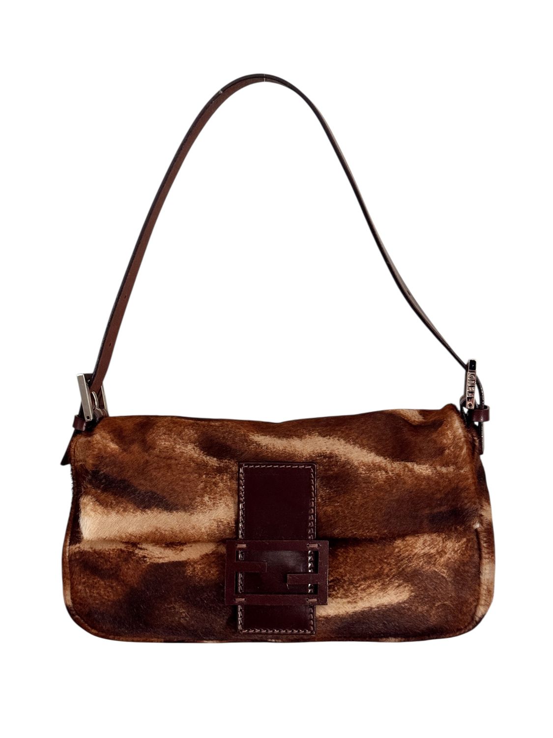 FENDI VINTAGE PONY HAIR AND LEATHER BAGUETTE SHOULDER BAG