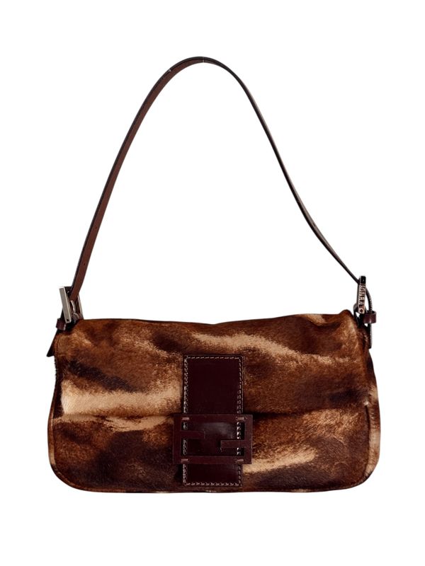 FENDI VINTAGE PONY HAIR AND LEATHER BAGUETTE SHOULDER BAG