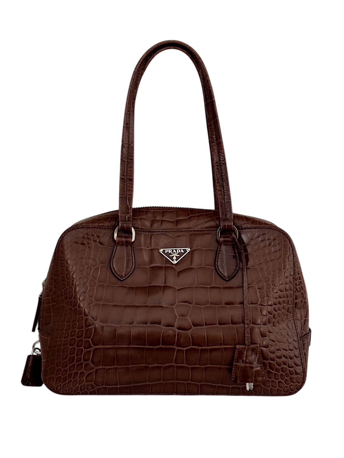 PRADA VINTAGE DARK BROWN CROC EMBOSSED LEATHER SHOULDER BAG