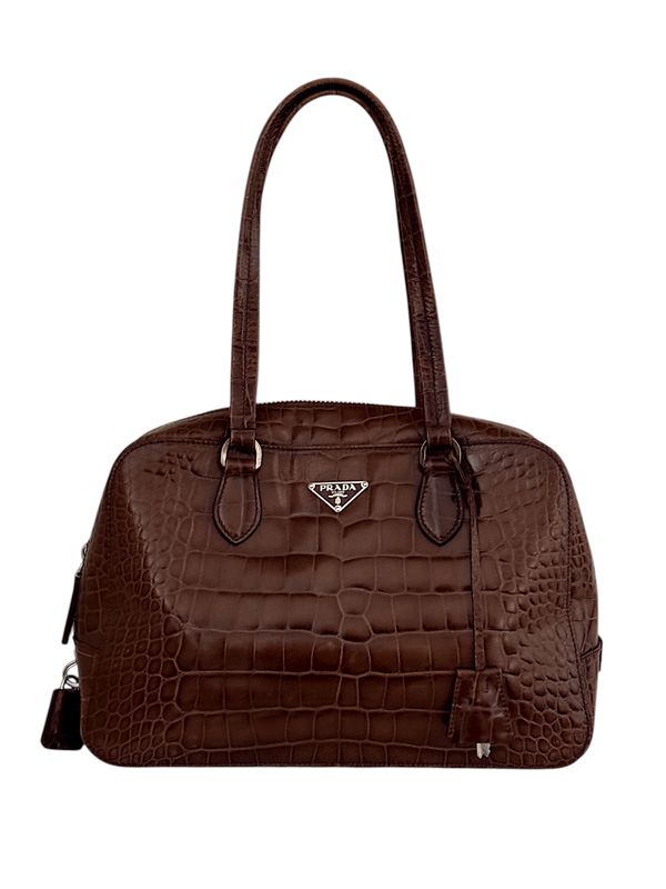 PRADA VINTAGE DARK BROWN CROC EMBOSSED LEATHER SHOULDER BAG
