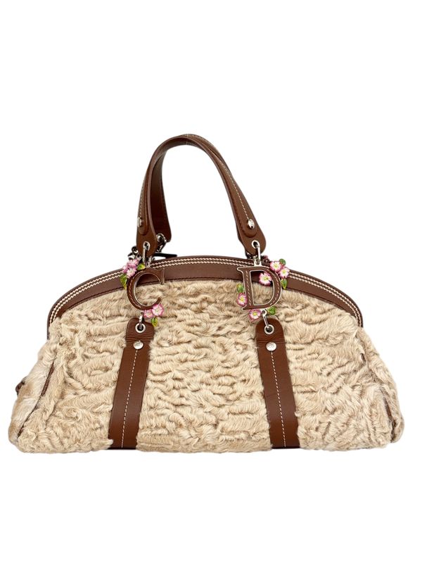 CHRISTIAN DIOR RARE VINTAGE BUTTERFLY CHARM LAMD CURLY FUR SATCHEL BAG