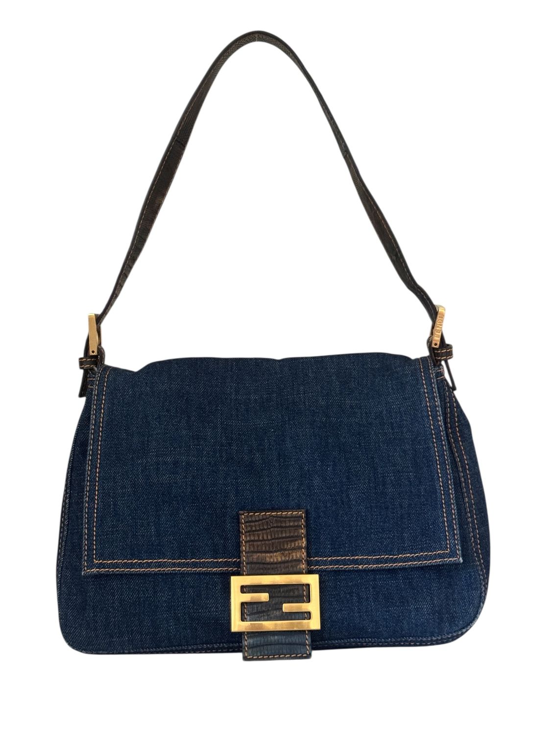 FENDI VINTAGE DENIM AND PYTHON MAMMA BAGUETTE SHOULDER BAG