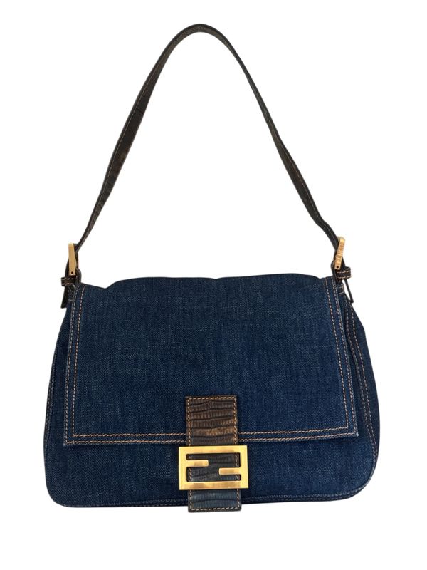 FENDI VINTAGE DENIM AND PYTHON MAMMA BAGUETTE SHOULDER BAG