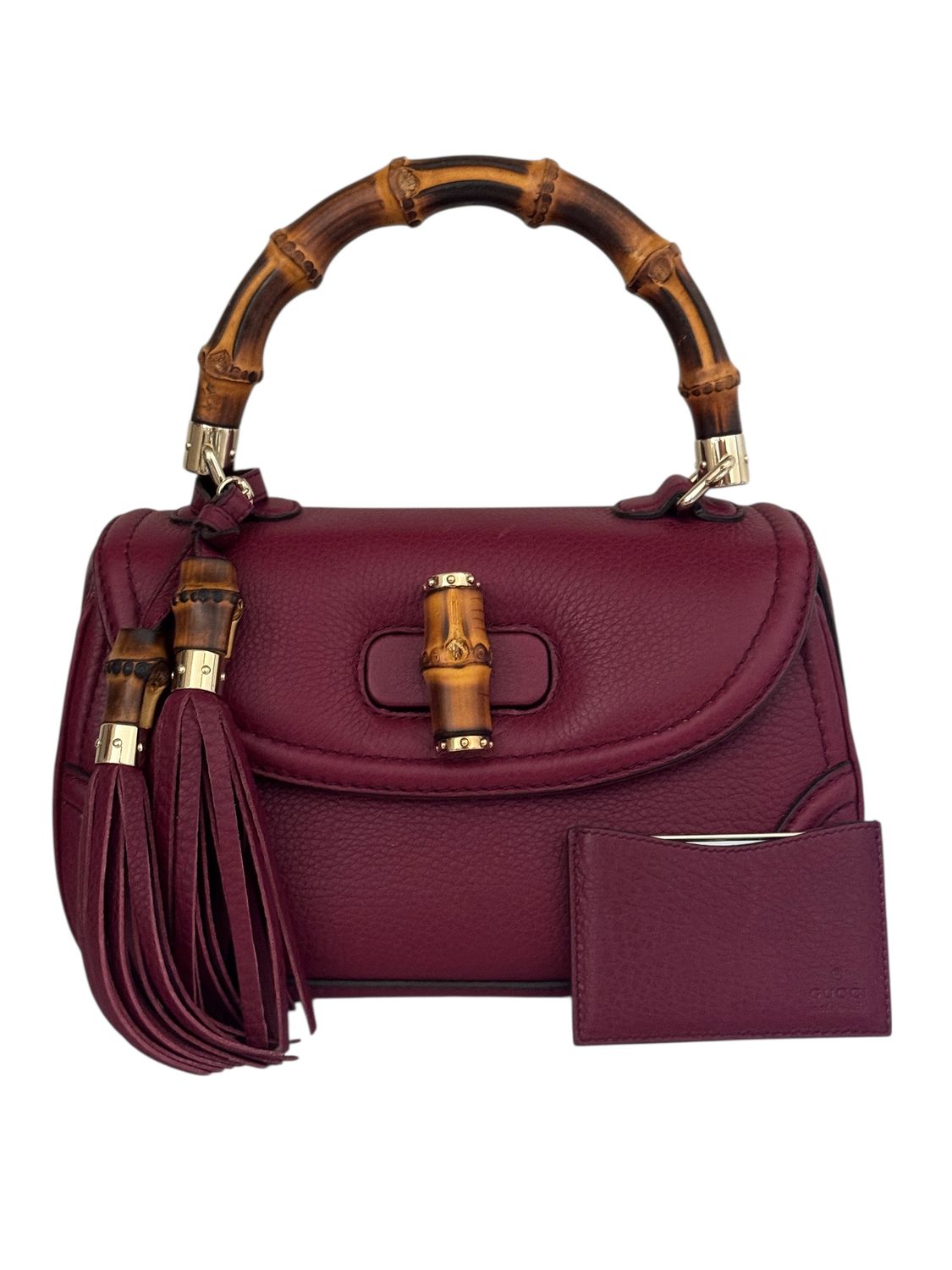 ​GUCCI MAROON LEATHER 1947 BAMBOO TOP HANDLE BAG W TASSEL