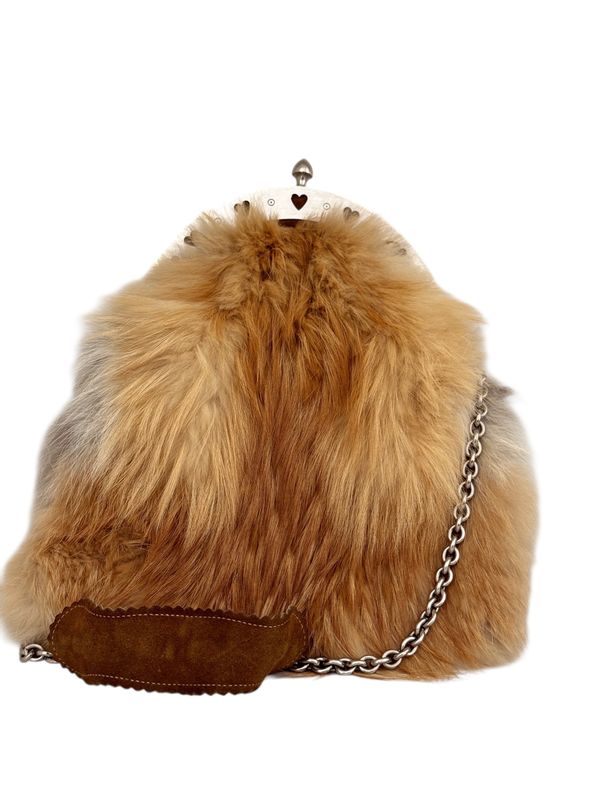 GUCCI VINTAGE RARE HEART FRAMED SUEDE AND FUR SHOULDER BAG