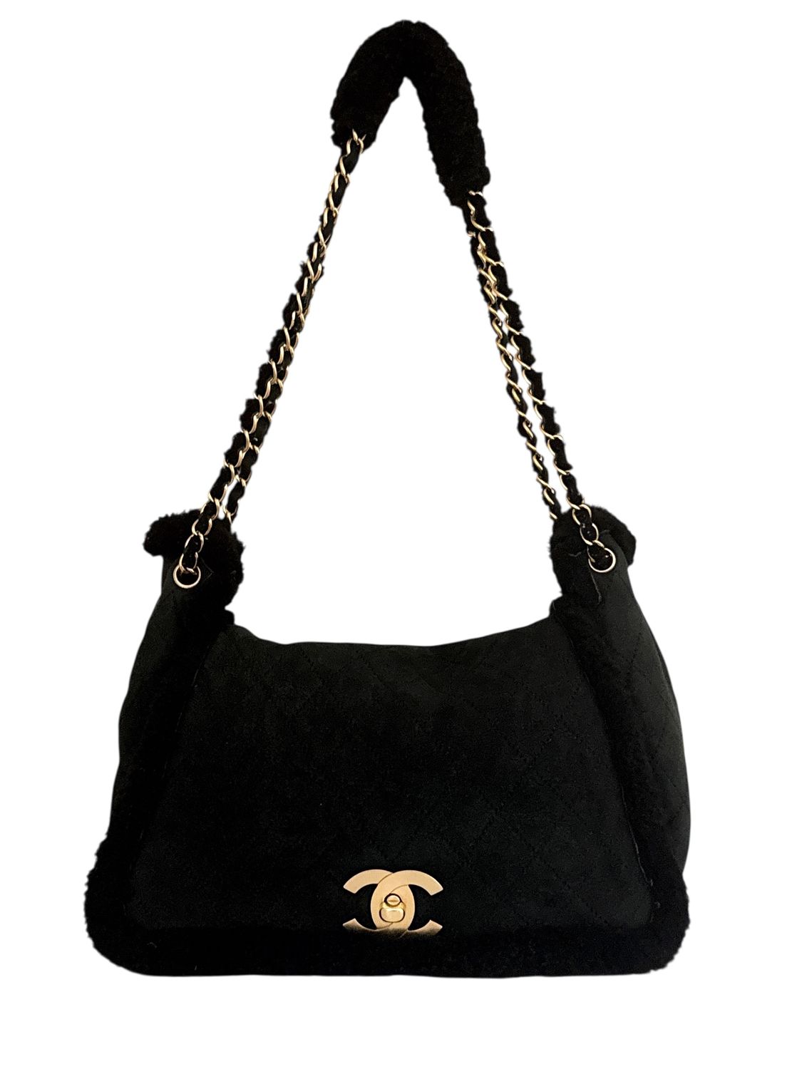 CHANEL CC TURN-LOCK BLACK SUEDE LEATHER SHEARLING SHOULDER FLAP BAG