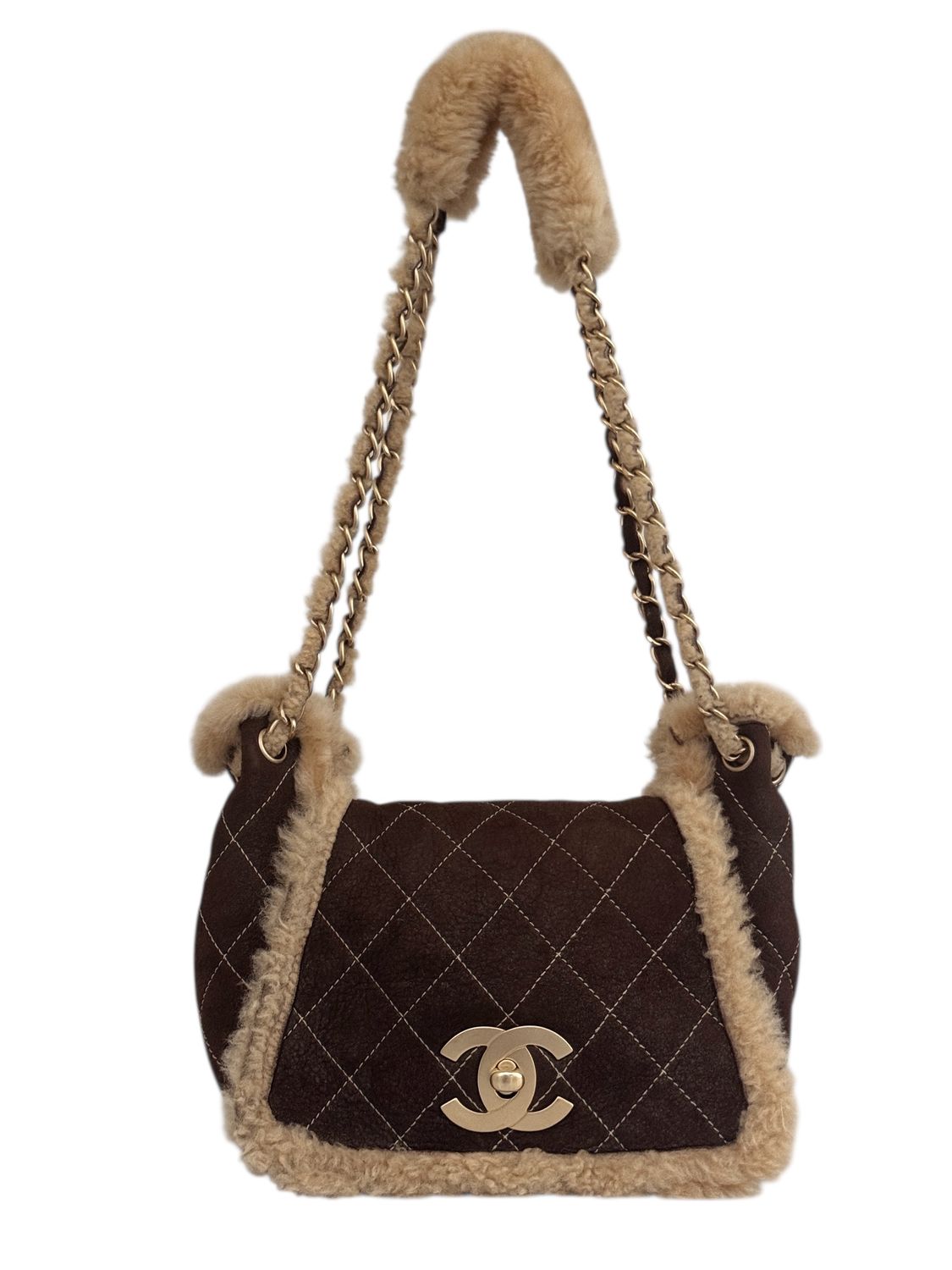 CHANEL QUILTED LEATHER SHEARLING SHOULDER FLAP BAG