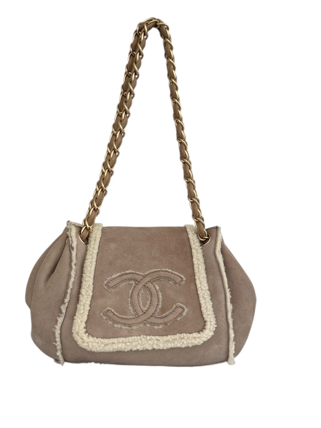 CHANEL CC BEIGE SUEDE LEATHER SHEARLING SHOULDER FLAP BAG