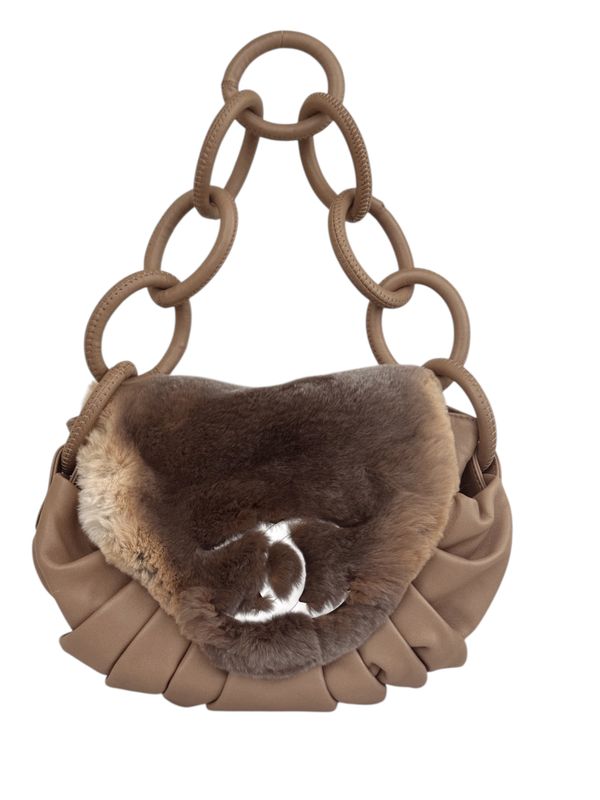 CHANEL CC REAL FUR FLAP SHOULDER BAG WITH RING HANDLE