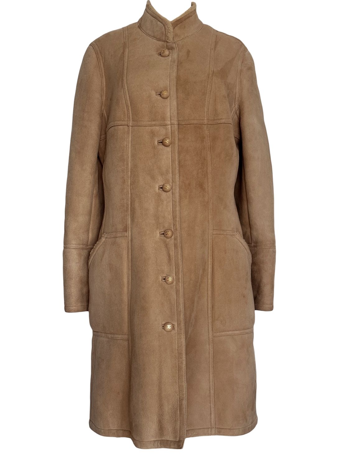 CHANEL VINTAGE 1996 SHEARLING LEATHER JACKET COAT WITH CC LOGO BUTTONS