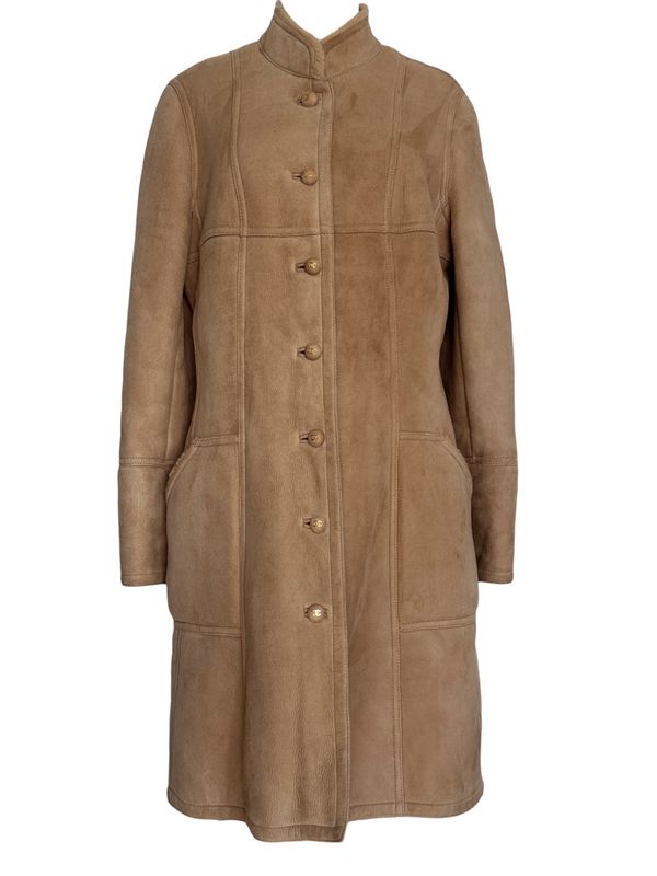 CHANEL VINTAGE 1996 SHEARLING LEATHER JACKET COAT WITH CC LOGO BUTTONS