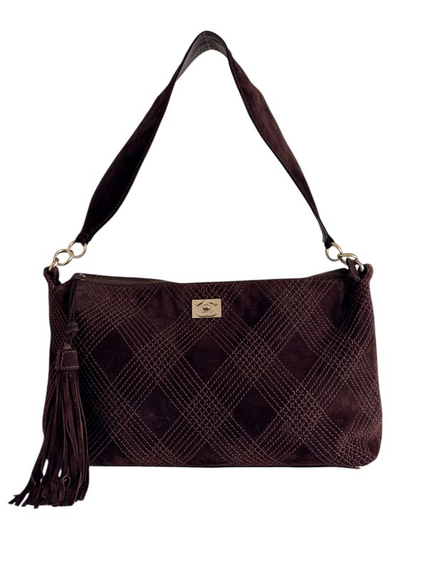 CHANEL VINTAGE BROWN SUEDE LEATHER QUILT STITCH SHOULDER BAG WITH TASSEL