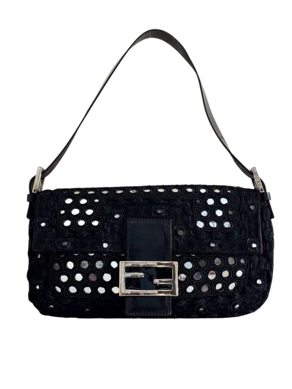 FENDI VINTAGE BEADED EMBROIDERED MIRROR BAGUETTE SHOULDER BAG