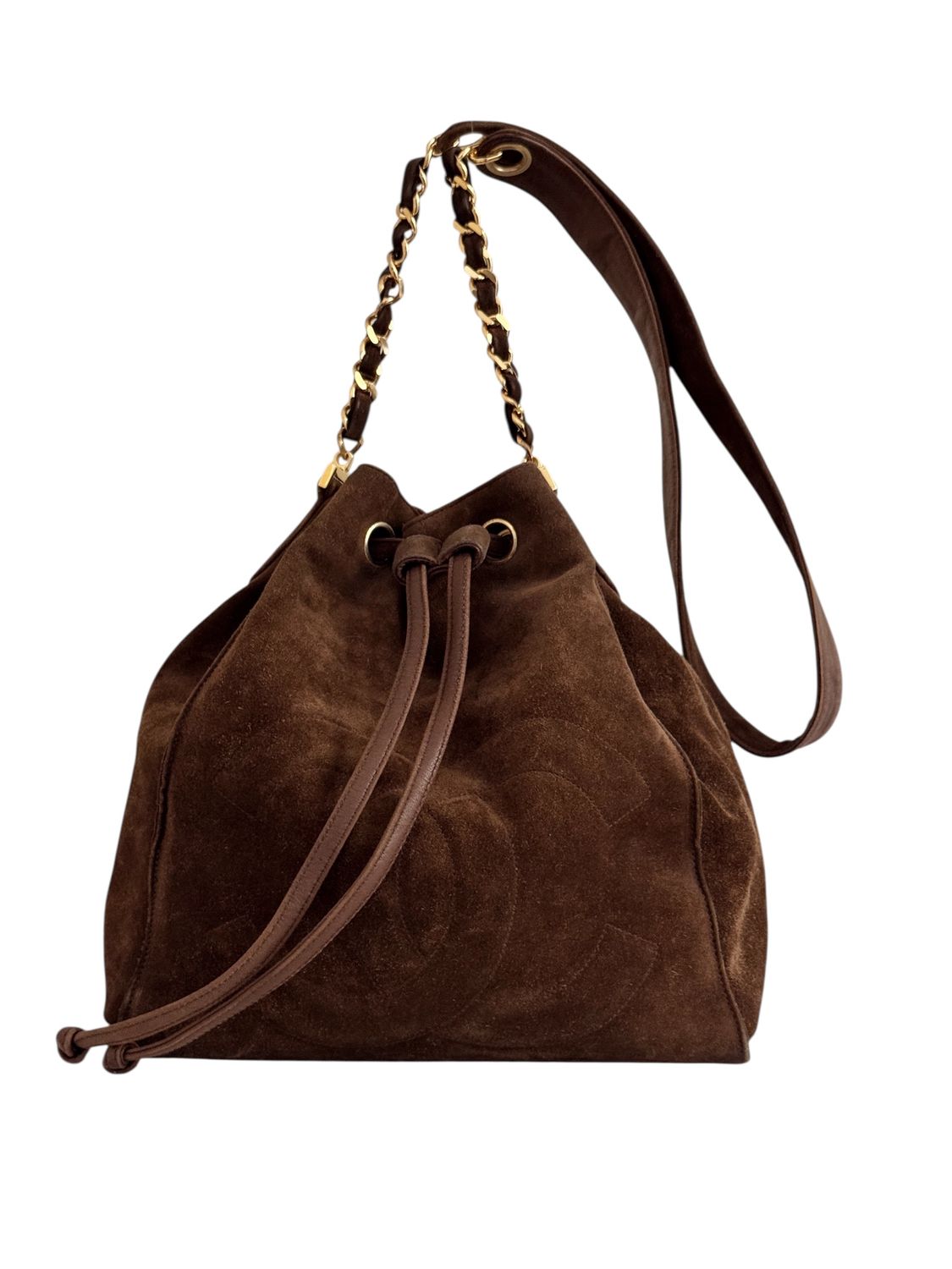 CHANEL VINTAGE CC BROWN SUEDE LEATHER DRAWSTRING BUCKET BAG