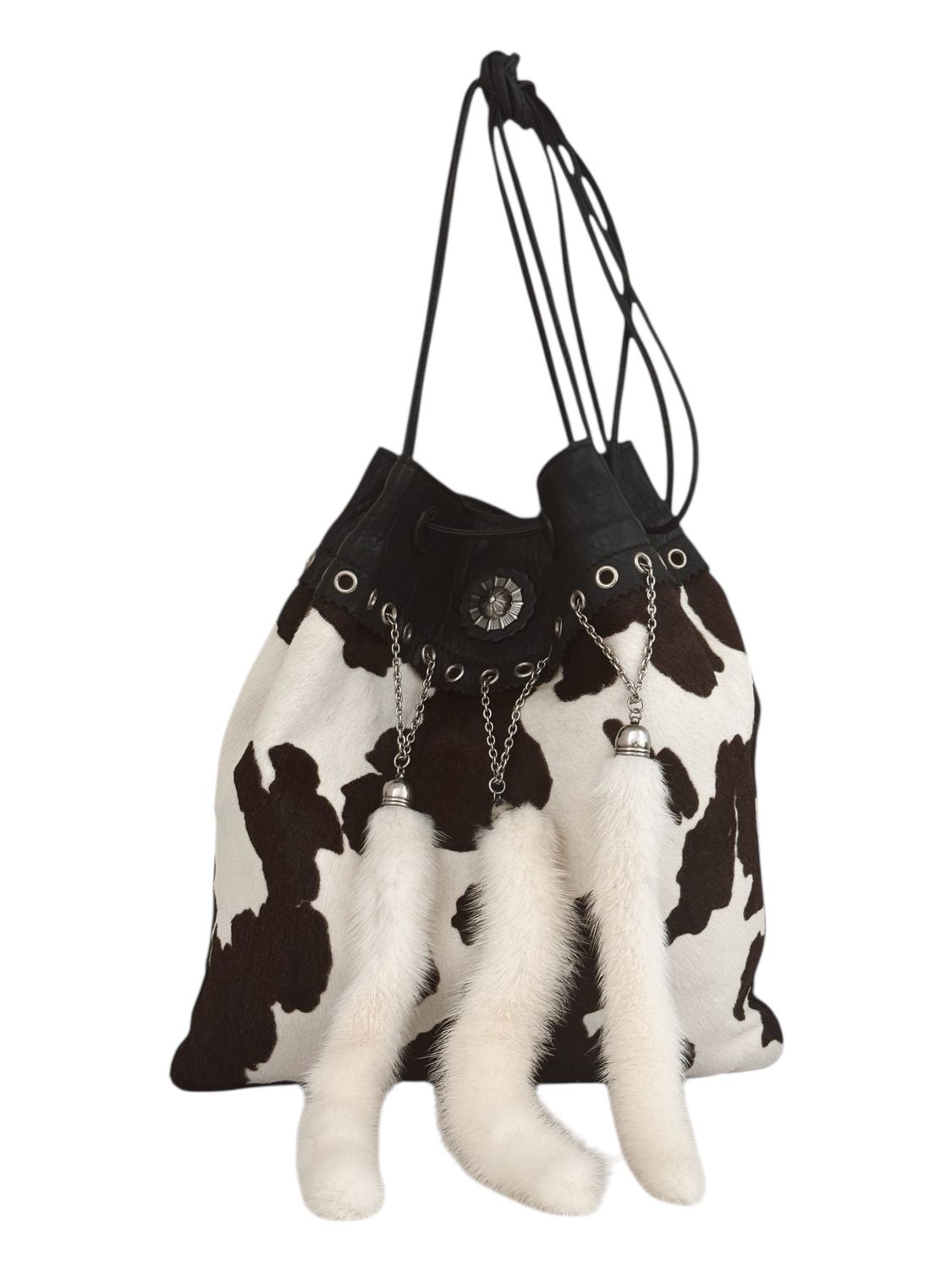 MIU MIU COW PRINT PONY HAIR BAG WITH MINK TASSELS