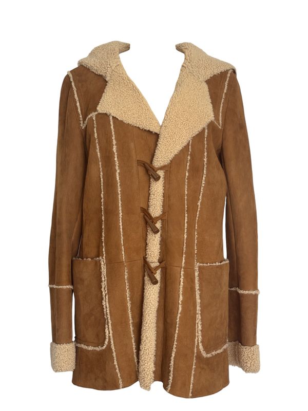 CHANEL VINTAGE SHEARLING LEATHER JACKET COAT WITH CC LOGO BUTTONS