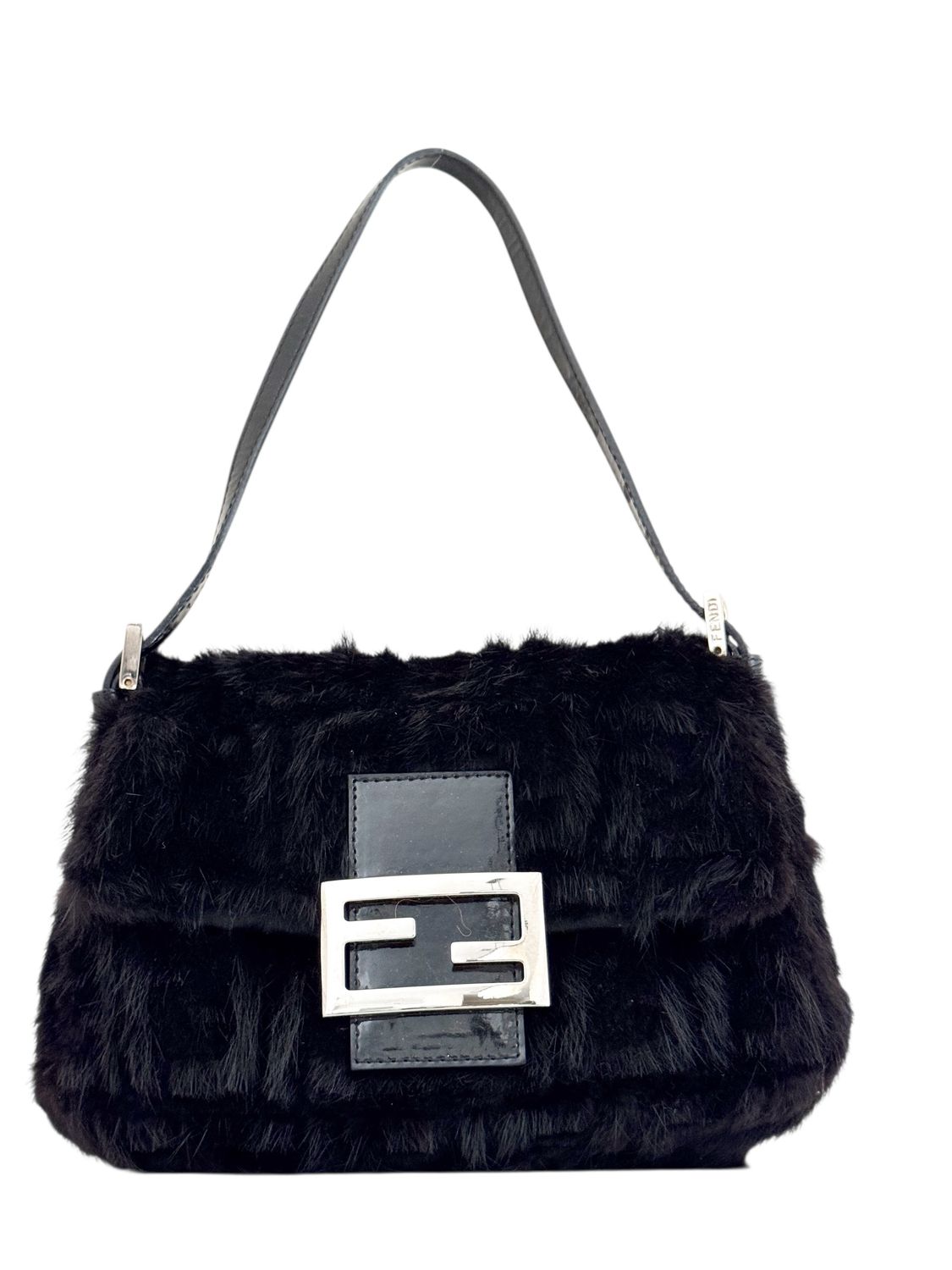 FENDI VINTAGE FF ZUCCA PRINT BLACK MINK FUR MINI BAGUETTE SHOULDER BAG