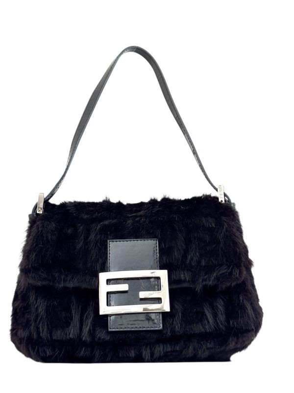 FENDI VINTAGE FF ZUCCA PRINT BLACK MINK FUR MINI BAGUETTE SHOULDER BAG