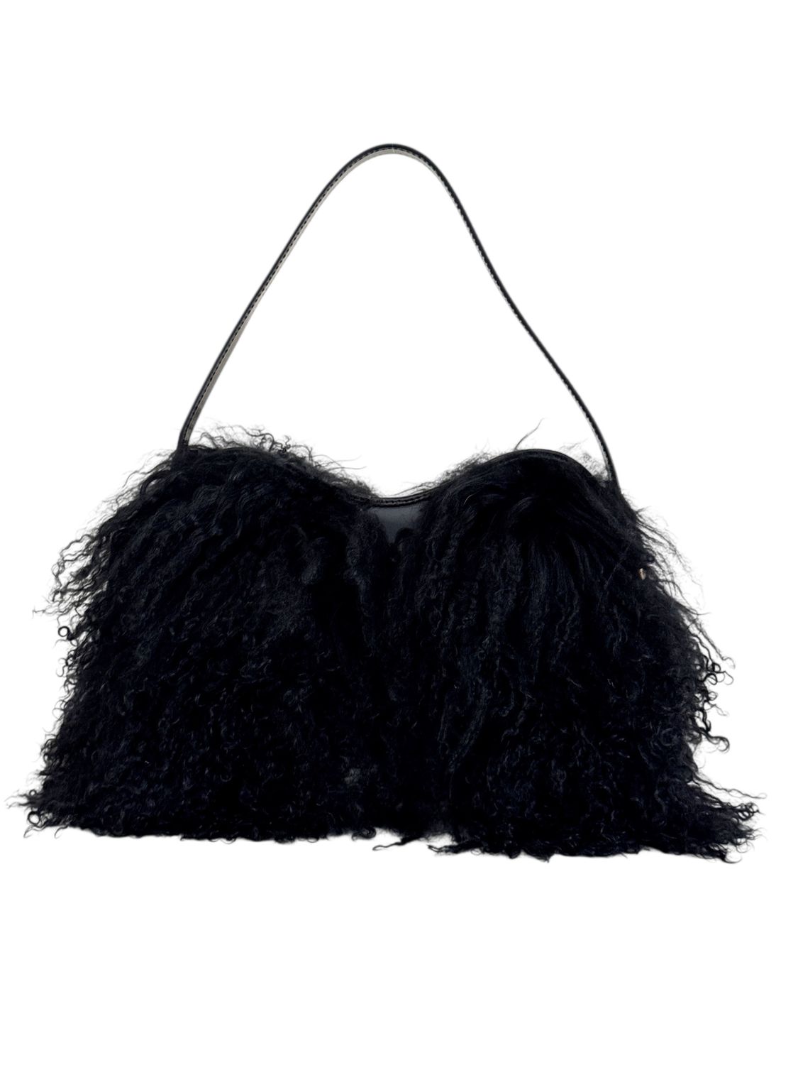 FENDI VINTAGE RARE BLACK MONGOLIAN LAMB BAGUETTE SHOULDER BAG WITH FF CHARM