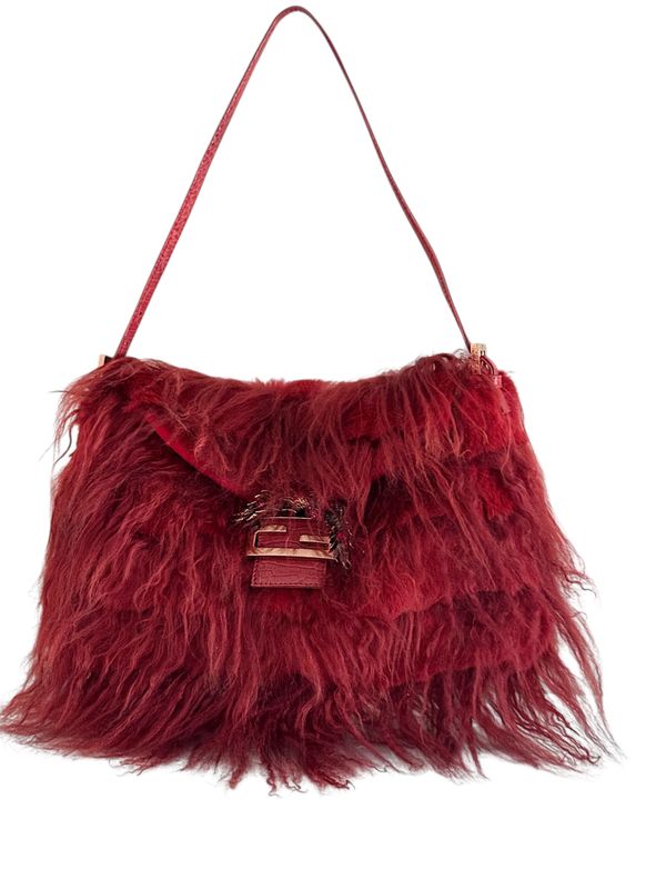 FENDI VINTAGE RARE RED MONGOLIAN LAMB BAGUETTE SHOULDER BAG