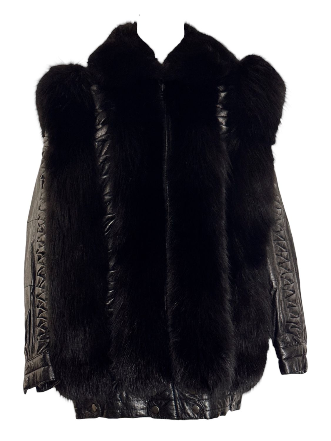 CHRISTIAN DIOR VINTAGE BLACK LEATHER FOX FUR COAT WITH ORIGAMI PLEATS