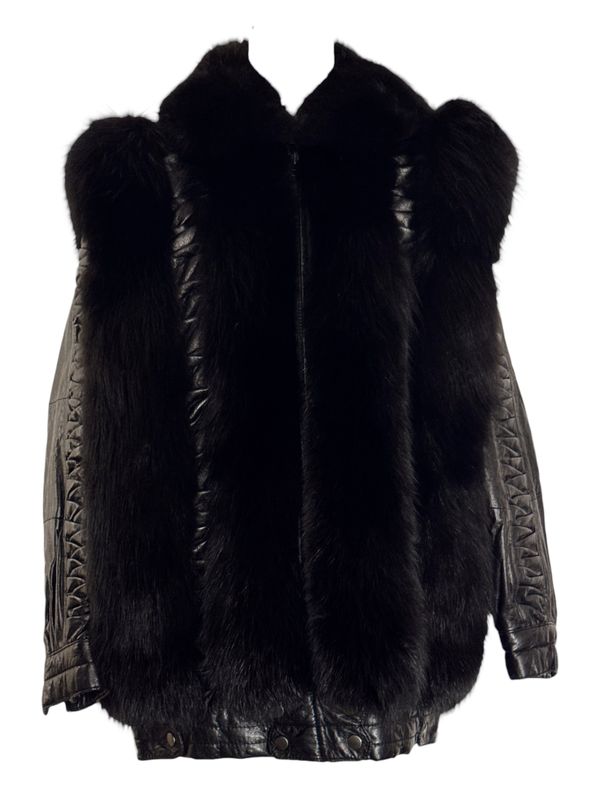 CHRISTIAN DIOR VINTAGE BLACK LEATHER FOX FUR COAT WITH ORIGAMI PLEATS