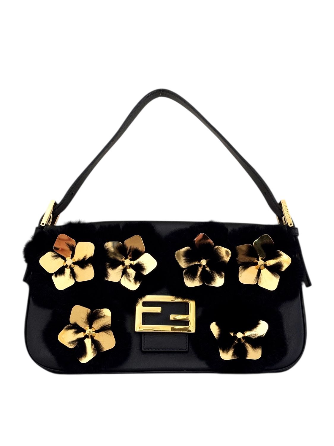 FENDI BLACK LEATHER / FUR BAGUETTE BAG ADORNED WITH METAL FLOWER DETAILS