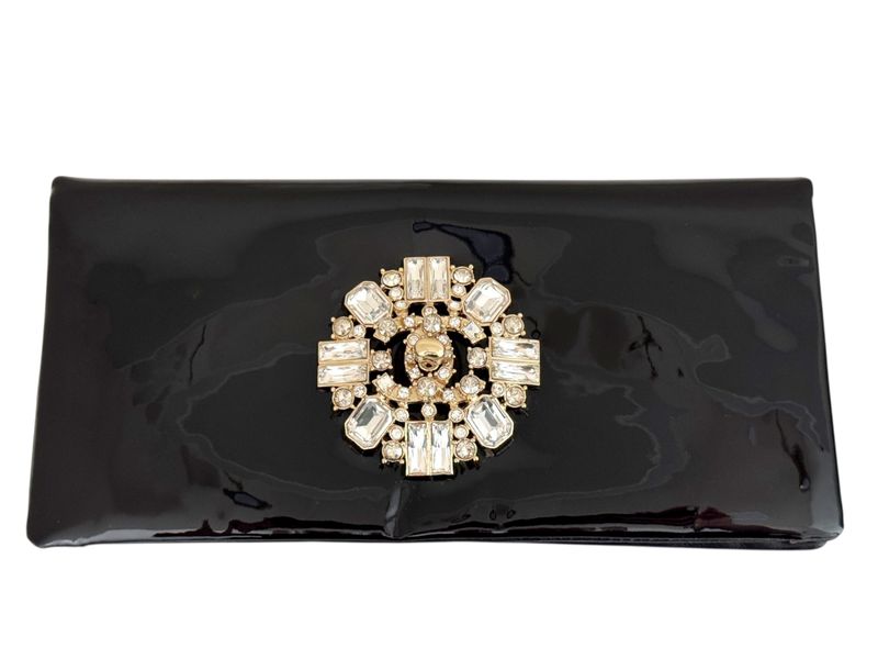 CHANEL VINTAGE PATENT LEATHER CC CRYSTAL EVENING CLUTCH BAG