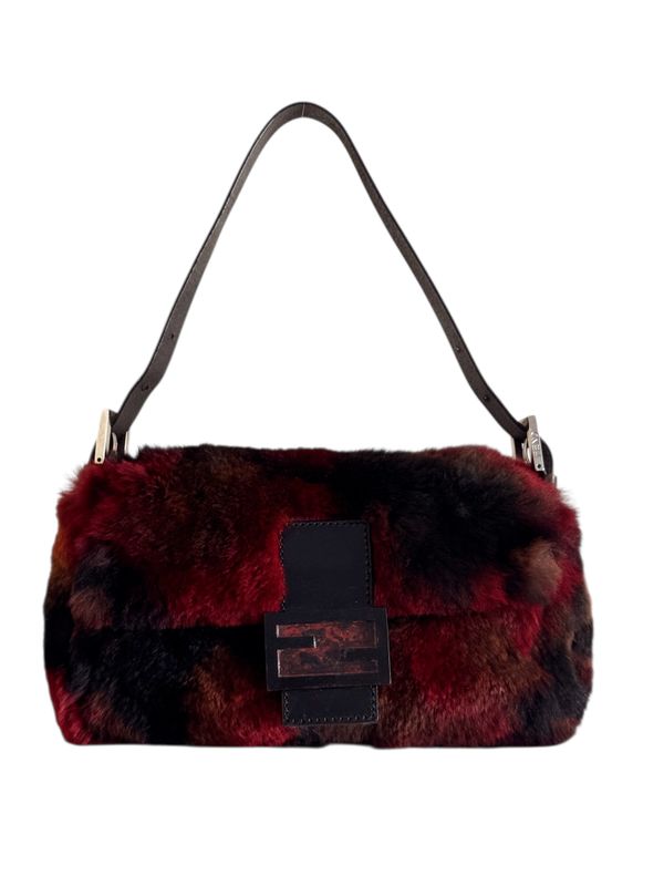 FENDI RED BROWN FUR &amp; LEATHER BAGUETTE SHOULDER BAG
