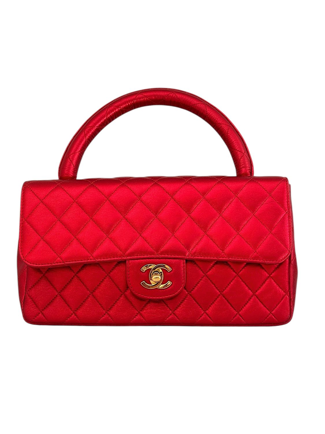 CHANEL VINTAGE METALLIC RED TOP HANDLE PARENT KELLY FLAP BAG