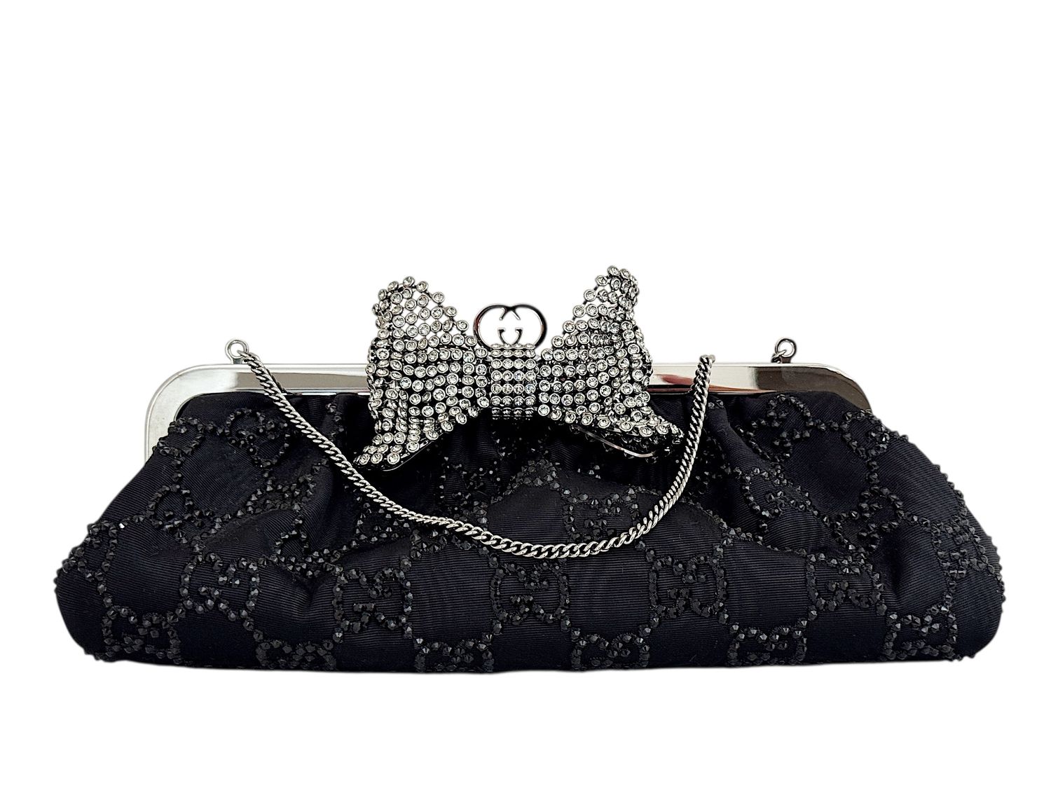 GUCCI RARE GG CRYSTAL MONOGRAM RHINESTONE BOW CLUTCH BAG