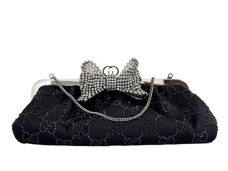 GUCCI RARE GG CRYSTAL MONOGRAM RHINESTONE BOW CLUTCH BAG