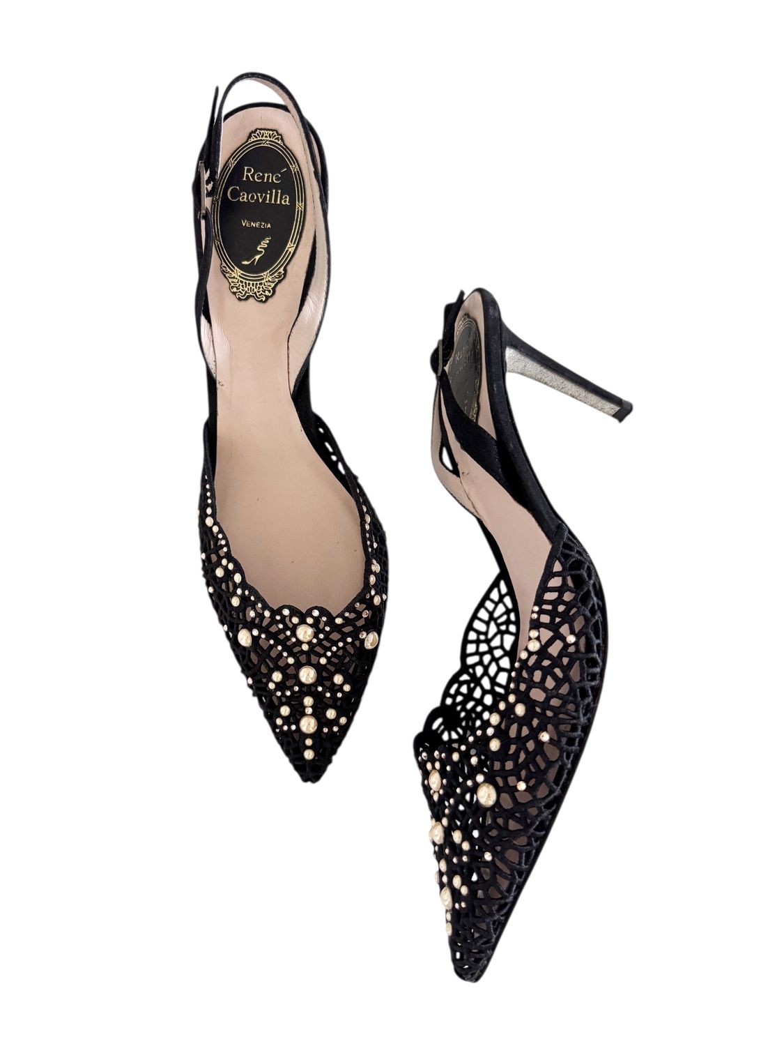 RENE CAOVILLA CUT OUT LEATHER &amp; PEARL RHINESTONE SLINGBACK HEELS / IT 38