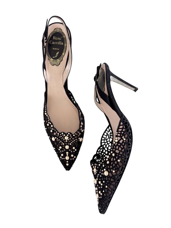 RENE CAOVILLA CUT OUT LEATHER &amp; PEARL RHINESTONE SLINGBACK HEELS / IT 38