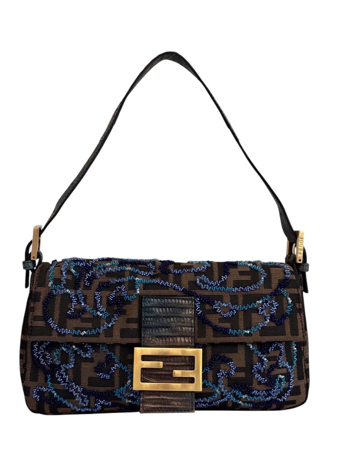 FENDI ZUCCA BEADED BAGUETTE WITH EXTOIC LEATHER SHOULDER BAG - RARE