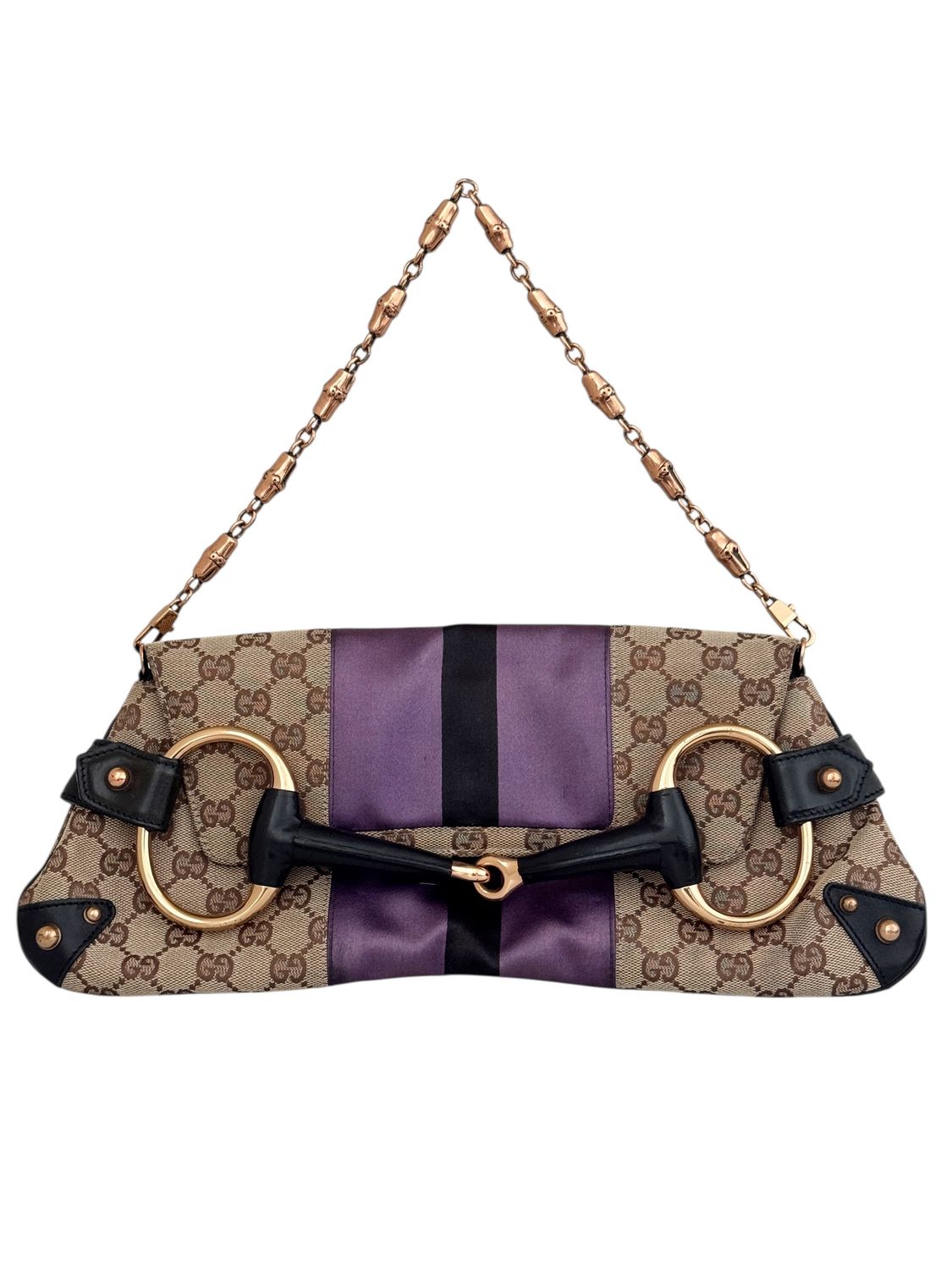 GUCCI VINTAGE BROWN BEIGE GG MONOGRAM HORSEBIT BAG CLUTCH WITH BAMBOO CHAIN
