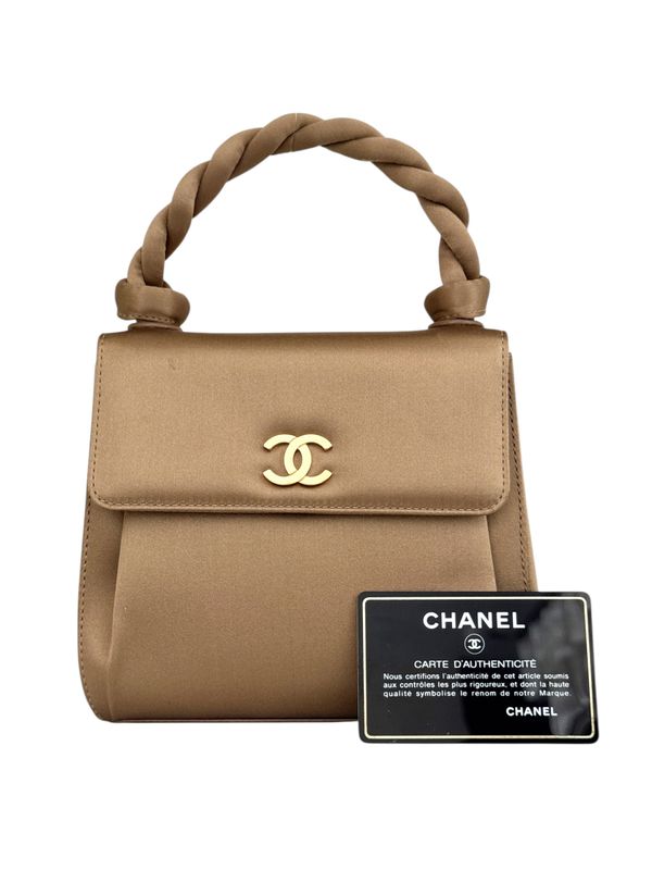 CHANEL VINTAGE BEIGE SATIN TWIST HANDLE KELLY EVENING BAG