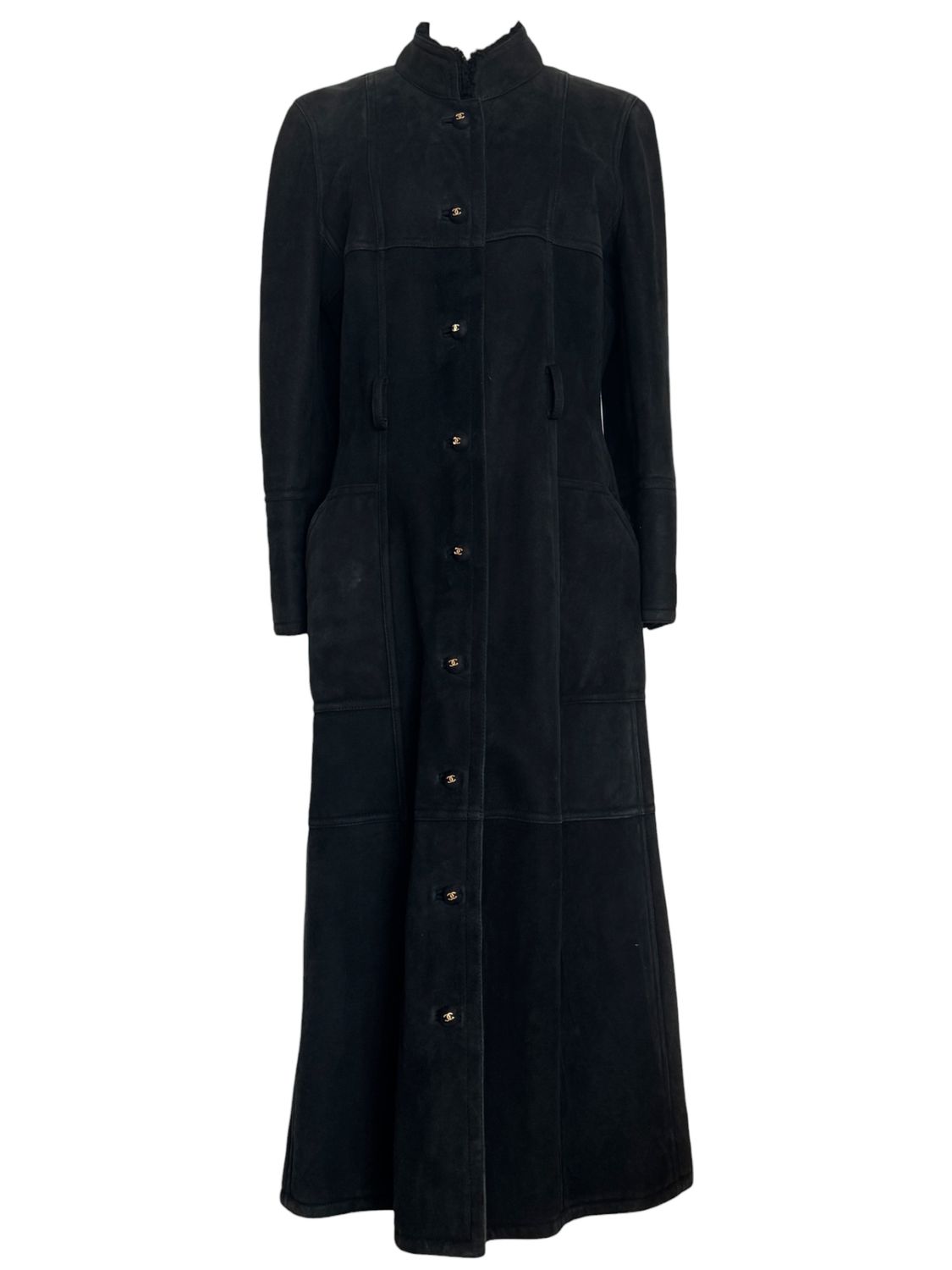 CHANEL VINTAGE 1996 SHEARLING LEATHER JACKET COAT WITH CC LOGO BUTTONS