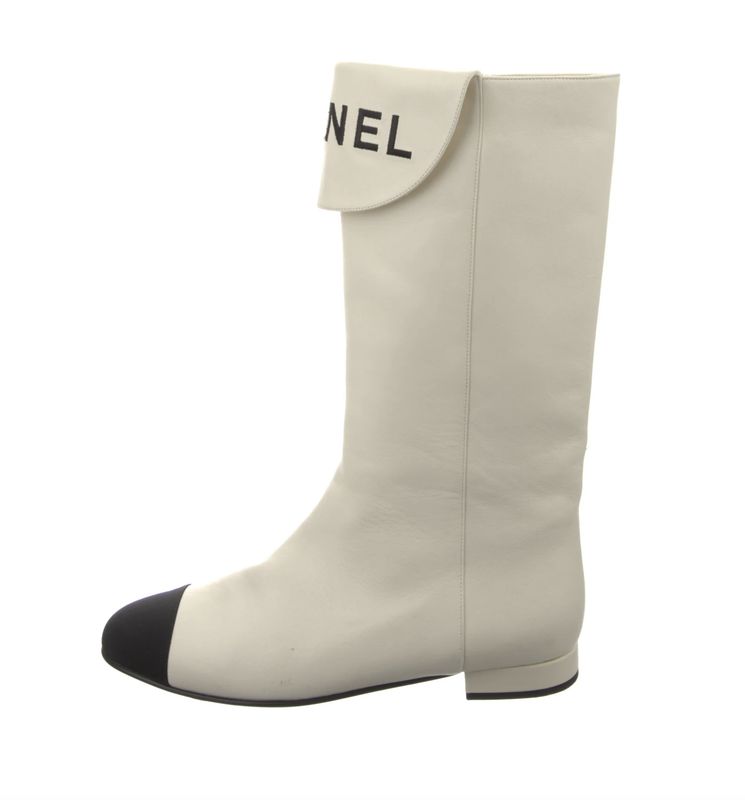 CHANEL LETTER LOGO TALL BOOTS OFF WHITE LEATHER BLACK CAP TOE