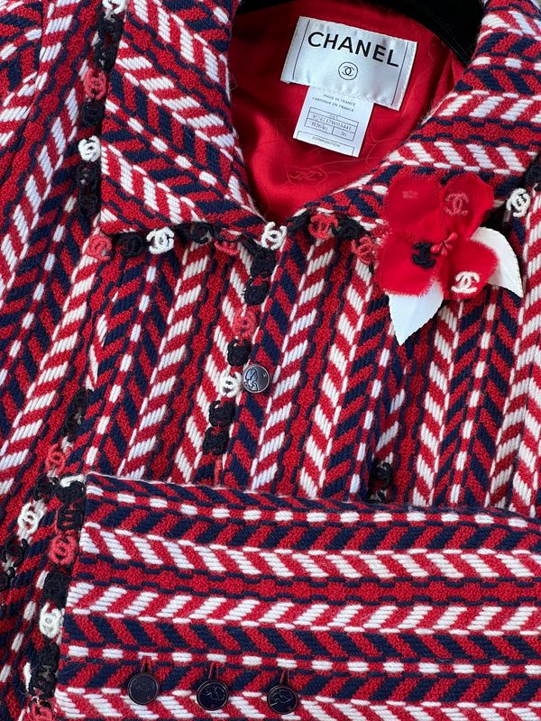 CHANEL 04A CC LOGOS RED WHITE BLUE WOOL BLAZER JACKET FR 36